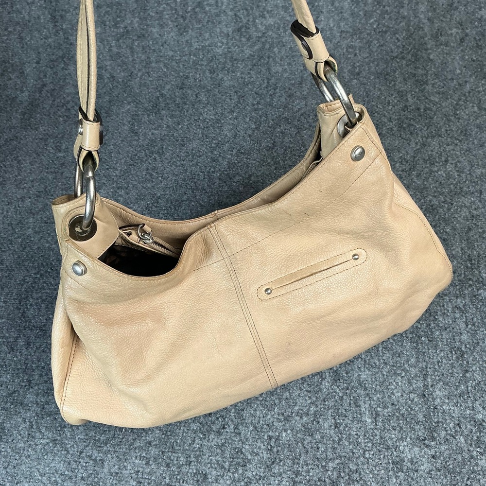B. Makowsky Tan Pebbled Leather Hobo Bag Silver Hardware Leopard Lining - Picture 3 of 7
